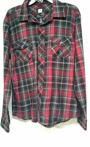 OP  Mens Shirt Red Black  Button Up Western Plaid Pocket Sz L/44